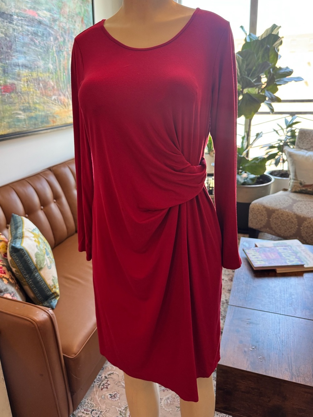 J. Jill Red Faux Wrap Long-Sleeve Twist-Drape Dress